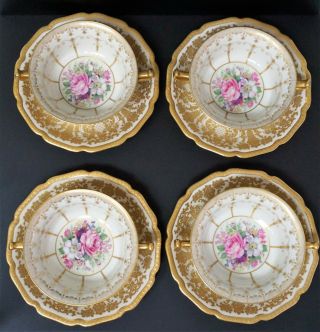 Gorgeous German Rosenthal China Gold Pink Roses Cream Soup Bowl & Plate Set Of 4