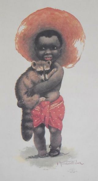 Vintage Black Americana Print Of A Young Boy Holding A Raccoon