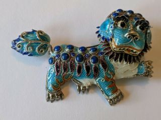 Antique Chinese Sterling Silver Filigree Enamel Lapis Foo Dog Pin Brooch