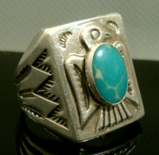 Large Vintage Navajo Bell Trading Sterling & Turquoise Thunderbird Stamped Ring