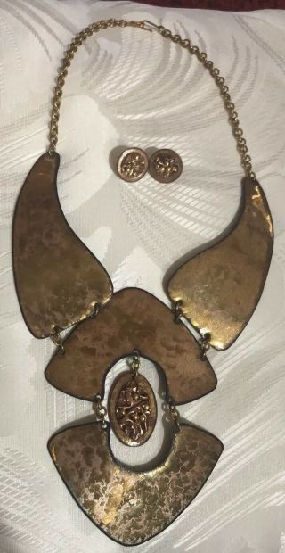 Rare Vintage Yoki Ben - Israel Copper Enamel Necklace And Earrings Modernist Euc