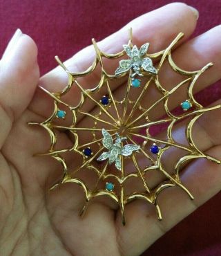 On Figural Vintage PANETTA Lg Spiderweb Butterfly Gold Plated Brooch 2