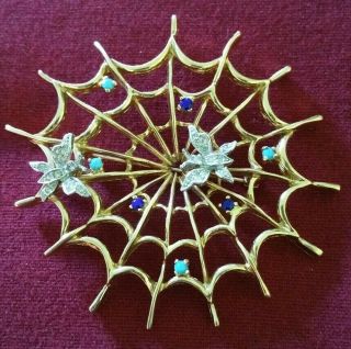 On Figural Vintage PANETTA Lg Spiderweb Butterfly Gold Plated Brooch 3