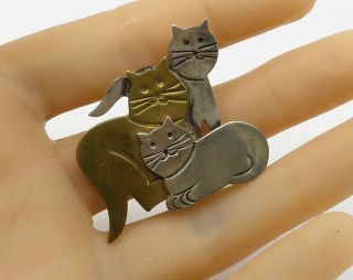 Mexico 925 Sterling Silver - Vintage 2 - Tone Kitty Cat Family Brooch Pin - Bp1578