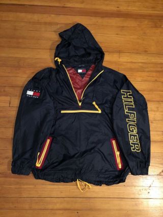 Vintage Tommy Hilfiger Windbreaker Jacket Mens Medium Navy Spell Out With Patch