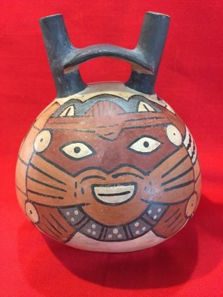 Pre Columbian Nazca Stirrup Vessel W Serpent And Cat Face Ca: 100bc - 600ad