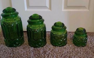 Vintage Le Smith Green Moon And Stars 4 - Pc.  Glass Canister Set W/ Lids