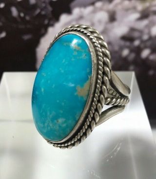 Vintage Navajo Sterling Silver Blue Turquoise Ring Signed Running Bear Size 12