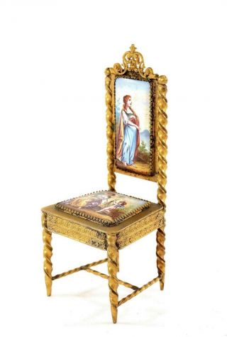 Antique Gilt Bronze Enamel Austria Viennese Miniature Chair Cherub Angel Figure
