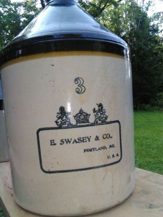 Rare 3 Gallon E.  Swasey & Co.  Portland,  Maine Stoneware Jug Whiskey Crock