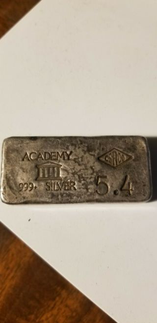 Vintage Academy Marked 5.  4 Troy Oz.  999 Fine Silver Hand Poured Bar Rare