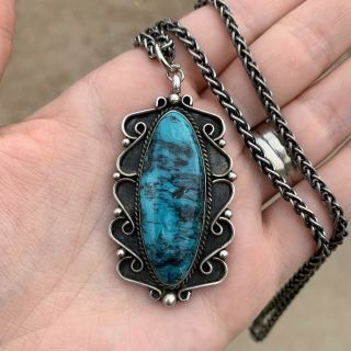 Vintage Navajo Sterling Silver And Blue Diamond Turquoise Pendant
