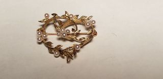 Antique 14k Gold Pin - Brooch - Heart Shaped - Tiny Pearls - Signed Lj - 1.  25in - 3.  1 Dwt