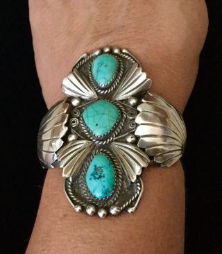 Vintage Wide Old Navajo Turquoise Sterling Silver Cuff Bracelet Estate Find 2
