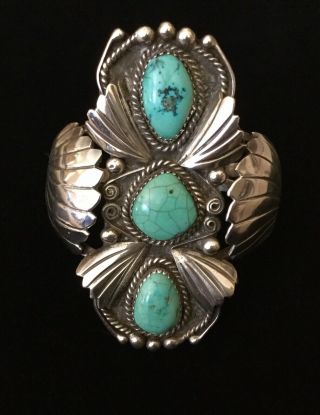 Vintage Wide Old Navajo Turquoise Sterling Silver Cuff Bracelet Estate Find 3
