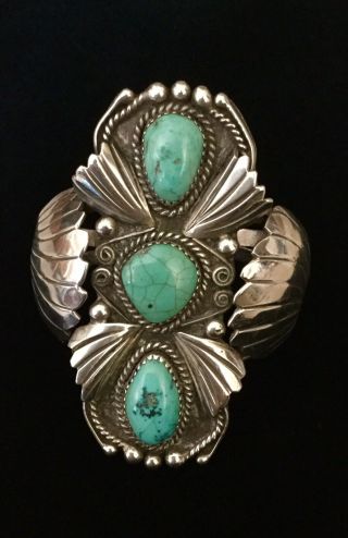 Vintage Wide Old Navajo Turquoise Sterling Silver Cuff Bracelet Estate Find 5