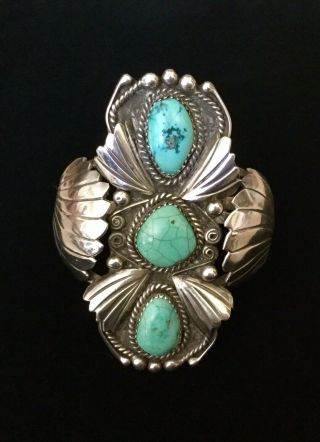 Vintage Wide Old Navajo Turquoise Sterling Silver Cuff Bracelet Estate Find 7