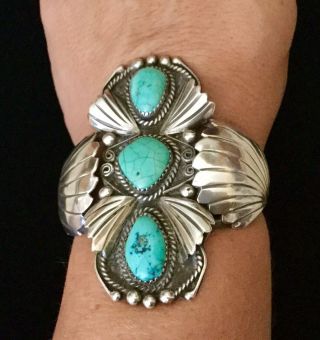 Vintage Wide Old Navajo Turquoise Sterling Silver Cuff Bracelet Estate Find 8