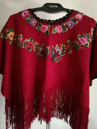 Vintage Guatemalan Huipil Flowered Hand Embroidery Fringed Poncho Top Blouse