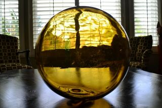 Antique Japanese Large Olive Amber Glass Fishing Net Float Buoy Ball -