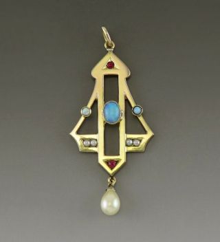 Antique Art Deco 14k Yellow Gold Plated Natural Opal Ruby Pearl Necklace Pendant