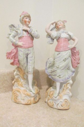S38 Antique Pair Heubach Type Bisque Porcelain Figurines Statue Boy Girl