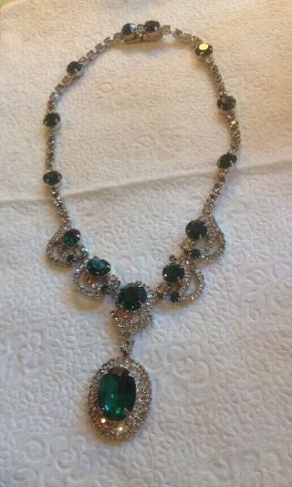 Vintage Signed Kramer Of Ny Emerald Green Rhinestone Necklace