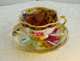 RARE INCREDIBLE 1890 ' s NIPPON HAND PAINTED ROSES BEADED GOLD TEA CUP SAUCER 11
