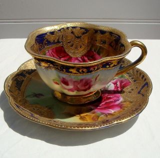 RARE INCREDIBLE 1890 ' s NIPPON HAND PAINTED ROSES BEADED GOLD TEA CUP SAUCER 2