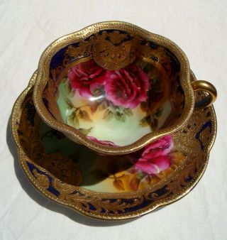 RARE INCREDIBLE 1890 ' s NIPPON HAND PAINTED ROSES BEADED GOLD TEA CUP SAUCER 3