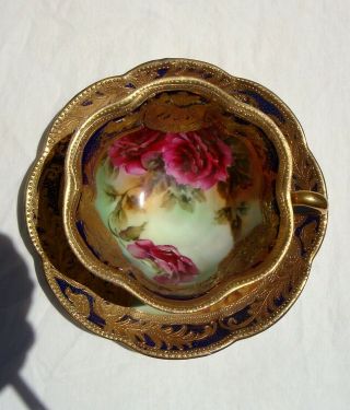 RARE INCREDIBLE 1890 ' s NIPPON HAND PAINTED ROSES BEADED GOLD TEA CUP SAUCER 4