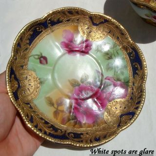 RARE INCREDIBLE 1890 ' s NIPPON HAND PAINTED ROSES BEADED GOLD TEA CUP SAUCER 5