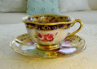 RARE INCREDIBLE 1890 ' s NIPPON HAND PAINTED ROSES BEADED GOLD TEA CUP SAUCER 9