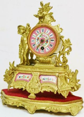 Antique French 8 Day Gilt Metal & Pink Sevres Porcelain Timepiece Mantel Clock