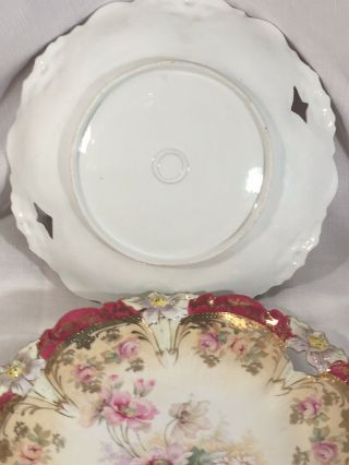 2 Matching Antique RS Prussia Handled Cake Plates Flowers Burgundy 11” Gold Rose 10