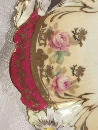 2 Matching Antique RS Prussia Handled Cake Plates Flowers Burgundy 11” Gold Rose 11