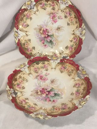 2 Matching Antique Rs Prussia Handled Cake Plates Flowers Burgundy 11” Gold Rose