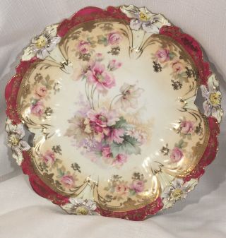 2 Matching Antique RS Prussia Handled Cake Plates Flowers Burgundy 11” Gold Rose 2