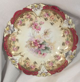 2 Matching Antique RS Prussia Handled Cake Plates Flowers Burgundy 11” Gold Rose 3