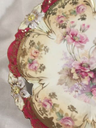 2 Matching Antique RS Prussia Handled Cake Plates Flowers Burgundy 11” Gold Rose 4