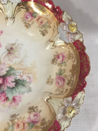 2 Matching Antique RS Prussia Handled Cake Plates Flowers Burgundy 11” Gold Rose 7