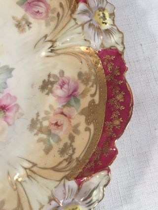 2 Matching Antique RS Prussia Handled Cake Plates Flowers Burgundy 11” Gold Rose 9