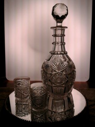 American Brilliant Cut Glass Decanter With Rare Pattern Matching Shot Glasses