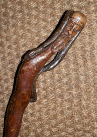 Antique Walking Stick W/ Carved Arabic Mans Head W/ Glass Eyes & Lizard & Snake