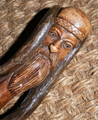 Antique Walking Stick W/ Carved Arabic Mans Head W/ glass eyes & Lizard & Snake 4