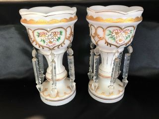 Antique Victorian Mantle Lustre Luster Set Of 2 Hand Painted