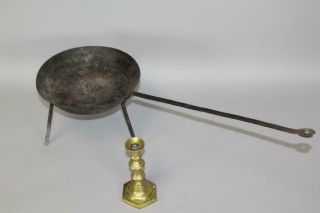 Very Rare Heart Decorated 18th C Wrought Iron Three Footed Skillet Old Surface