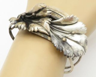 925 Sterling Silver - Vintage Sculpted Floral Leaves Motif Cuff Bracelet - B5035