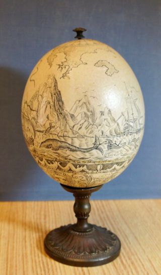 Rare Whaling Scene Engraved Ostrich Egg With Stand
