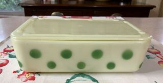 Vintage Mckee Green Dots On Custard 5 X 8 Refrigerator Dish & Lid